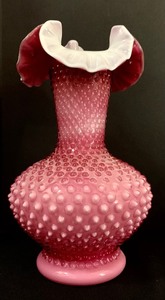 lot 32 image: Beautiful Vintage Fenton Ruffle Rim Vase and Petite Fenton Cranberry Hobnail Ruffle Rim Vase