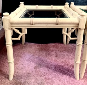 lot 37 image: Pair of Vintage Thomasville Faux Bamboo and Glass Side Tables in Oyster Bay Finish
