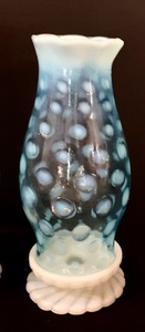 lot 45 image: Pair of Vintage Fenton Oil Candle Holders with Blue Opalescent Coin Dot Hurricane Shades