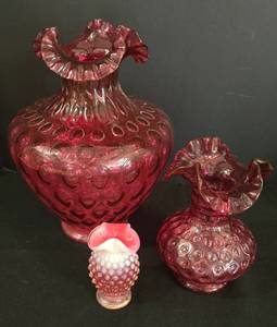 lot 83 image: Vintage Fenton Cranberry Coin Dot Ruffled 12 Vase & Vintage 6 Fenton Thumbprint Glass Cranberry Ruby Red Vase Ruffle Top