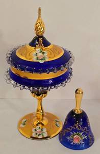 lot 92 image: Vintage Murano 24K Covered Glass Compote Plus Mid-Century Murano Bell