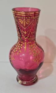 lot 118 image: Two Vintage Fenton Ruffled Top Cranberry Pink Glass Vases & Vintage Hand Painted Cranberry Glass Vase