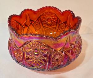 lot 126 image: Stunning Red Iridescent Cut-Glass Carnival Glass Bowl