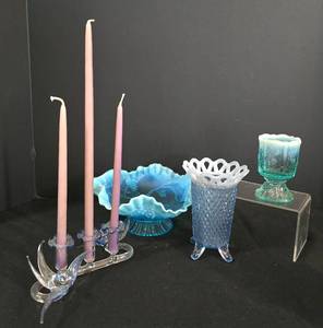 lot 128 image: Shades of Blue Glassware Grouping including Blue Opalescent Fenton Grapevine Ruffled Dish