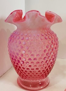 lot 110 image: Vintage Fenton Glass Cranberry Hobnail Opalescent Ruffled Vase and Ruffle Candy Dish and More