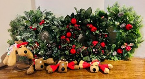 lot 217 image: Christmas Decor Including Wreathes and Small Stuffed Reindeer