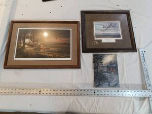 lot 26 image: Ducks unlimited signed and numbered by Jerry Raedeke  Hunters Haven Terry Redlin unknown print snowy cabin