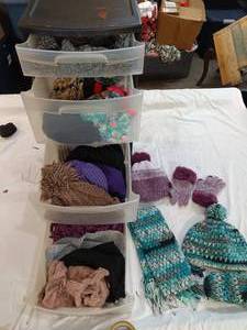 lot 37 image: Sterilitefour drawer organizer full of hats scarves gloves