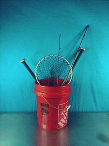 Bucket of Sporting Goods 2 Aluminum Bats (Easton, Tee Ball), Fishing Net, 2 Fishing Reels Rods (Dock Demon and 404)