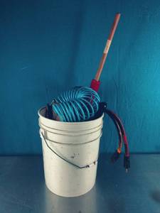 Bucket of Garage Items Krazy Glue, (2) 3-Way Electrical Cords, Warning Flag, Hand Tools, Etc.