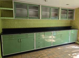 lot 2 image: Vintage Jadite Green Metal Industrial Laboratory Cabinets by KEM-PONENT