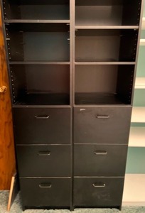 lot 13 image: Pair of Black Liminate Storage Shelves with Bottom Drawers