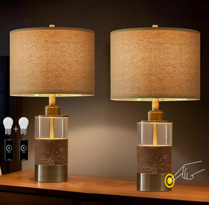 lot 314 image: Set of 2 22 3 Way Dimmable Touch Control USB AC Table Lamp Retro Rattan Glass Lamp
