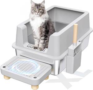 lot 115 image: Stainless Steel Cat Litter Box, Easy Cleaning, Non-Sticky, Included Spoon