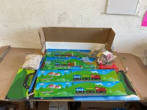 lot 345 image: Wooden Train Set Table for Kids, Deluxe Hand Painted with Tracks