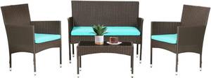 lot 399 image: FDW 4 Pieces Patio Furniture Set Wicker Patio Brown wicker Blue Cushions