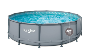 lot 10 image: Funsicle 14 ft Oasis Round Above Ground Metal Frame Swimming Pool, Includes SkimmerPlus Pump USED LINER