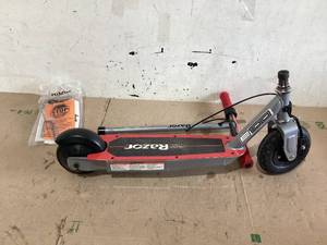 lot 523 image: Razor Black Label E100 Electric Scooter  SilverRed, up to 10 mph, 8 Pneumatic Front Tire