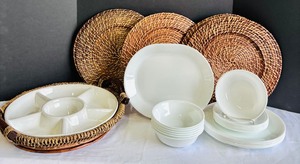 lot 28 image: Beautiful Corelle Bowls, Saucers, Plate and Platter. Dont Forget the Vegetable Tray with Matching Carrier and Placements