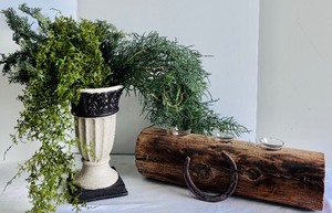 lot 94 image: Lovely Decor Including Unique Vase with Greens and Gorgeous Log Tea Candle Holder