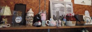 lot 201 image: Shelf lot with stoneware crock, ice...