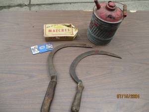lot 111 image: Vintage Metal gas can, hand scythes...
