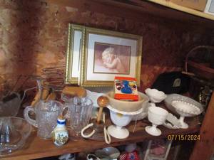 lot 128 image: Milk glass collection, framed wall ...