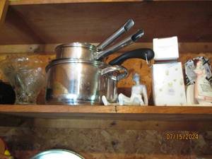 lot 131 image: Kitchen PotsPans, Cut glass decor,...
