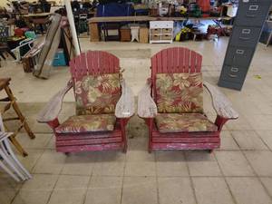 lot 65 image: Pair of Vintage Red Adirondack Chairs with Floral Cushions