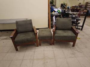 lot 69 image: Wooden Armchairs with Green Cushions and Matching Ottoman