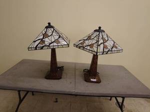 lot 32 image: Pair of Stained Glass Table Lamps