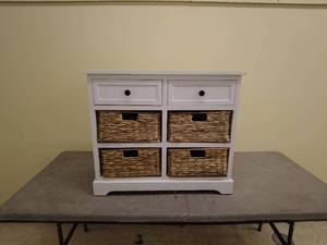 lot 35 image: White Wooden Storage Cabinet with Woven Baskets