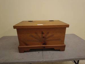 lot 40 image: Wooden Blanket Chest with Carved Design