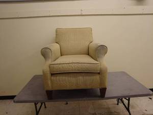 lot 49 image: Beige Upholstered Armchair with Wooden Legs