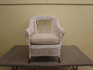 lot 52 image: Vintage White Wicker Armchair with Cushion