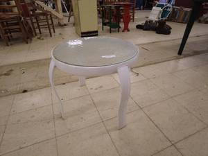 lot 57 image: Round Glass-Top Side Table with White Curved Legs