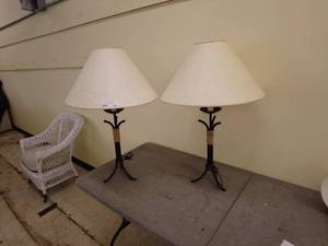 lot 104 image: Pair of Metal Base Table Lamps with Beige Lampshades