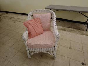 lot 119 image: White Wicker Armchair with Pink Cushions