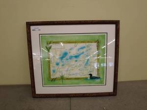 lot 122 image: Framed Art Print Featuring a Map and Loon Illustration