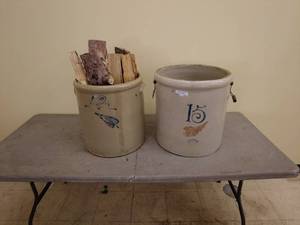 lot 134 image: Antique Red Wing Stoneware Crocks with Wood