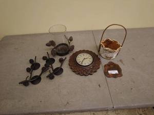 lot 234 image: Rustic Home Decor Assortment - Clock, Basket, Candle Holders & Vase