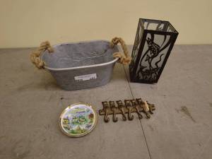 lot 237 image: Decorative Home Accent Lot Metal Tub, Cat Hook Rack, Minnesota Plate & Lantern