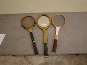 lot 241 image: Lot of 2 Vintage Tennis Rackets and Tennis Themed Mirror