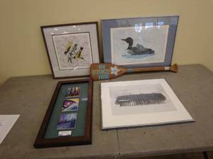 lot 242 image: Lot of Framed Artwork and Decorative Wooden Paddle