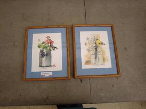 lot 243 image: Framed Bird and Flower Watercolor Paintings - Set of 2