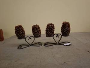 lot 216 image: Pine Cone Shaped Candle Set with Heart Shaped Metal Holders