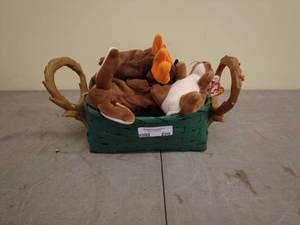 lot 220 image: Lot of Assorted TY Beanie Baby Plush Toys with Green Basket