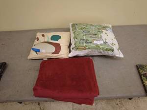 lot 254 image: Lot of Two Decorative Throw Pillows and Red Blanket