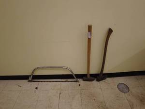lot 295 image: Lot of Hand Tools - Bow Saw, Hammer, and Axe