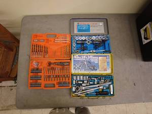 lot 187 image: large lot of assorted work bench items sockets, drill bits, screws, nails, etc